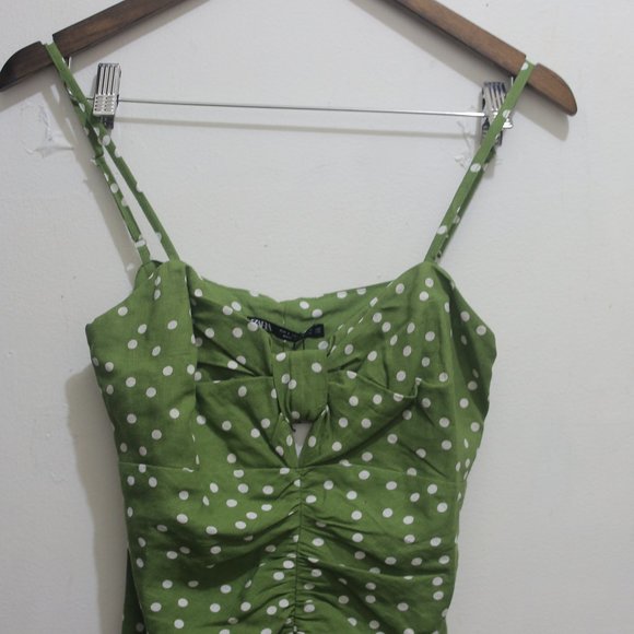 NTW Linen Blend Polka Dot Green Draped Dress. - Picture 3 of 6